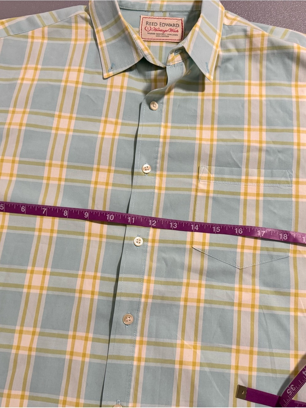 Reed Edward 100% Cotton Light Blue and Yellow Plaid Button-Down Shirt Size L - Picture 8 of 11
